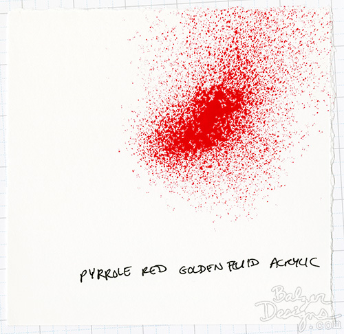 A sample card of spray ink made from Pyrrole Red Golden Fluid Acrylic.