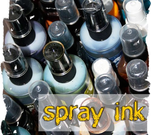 A photo of many bottles of spray ink with the caption "spray ink" written over the bottles.