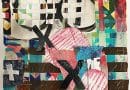 A mixed media collage that incorporates weaving and lots of layering.