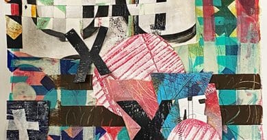 A mixed media collage that incorporates weaving and lots of layering.