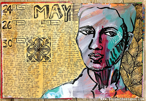 Art journal spread with a portrait of a scowling woman.