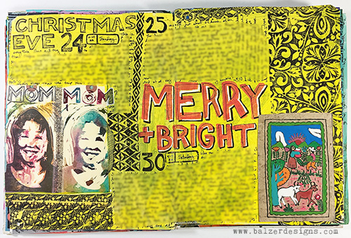 Yellow art journal spread with two stamps of a woman and the words "merry and bright."