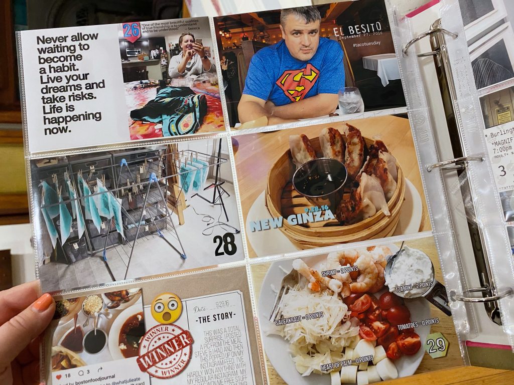 Pocket scrapbook spread of daily life photos.