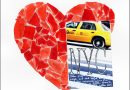 A scrapbook page with a large red mosaic heart and a photo of a taxi cab with the letters "NYC" and some writing.