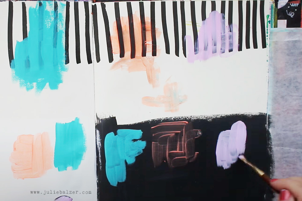 Black and white art journal page and paint swatches to see opacity.