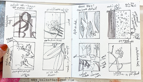 A sketchbook spread filled with eight boxes containing pen drawings on nature up close as well as notes from the artist.