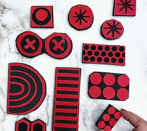 A collection of foam stamps.