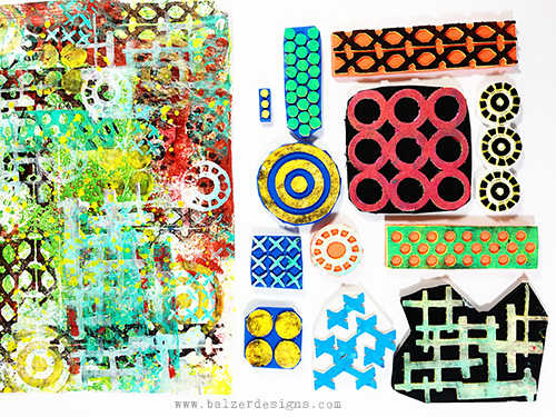 A collection of foam stamps with a print.