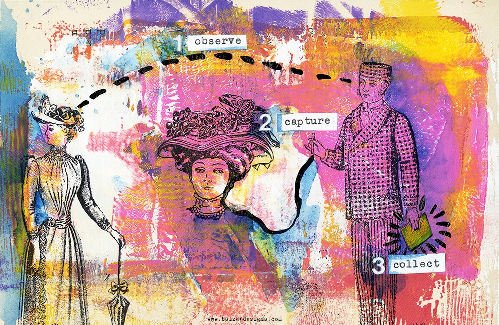 An art journal page with the words, "observe" "capture" and "collect" along with a woman looking, a man holding a notebook and pen and a woman's head.