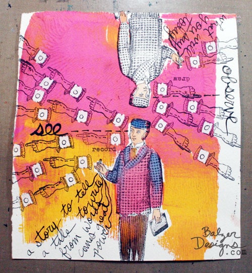 Pink and yellow art journal page featuring a man in a checkered coat and lots of hands pointing outward.
