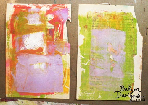 Two colorful gelatin prints on book pages.
