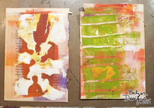 2 gelatin prints on book pages, one featuring the silhouette of a man and the other featuring green lines.