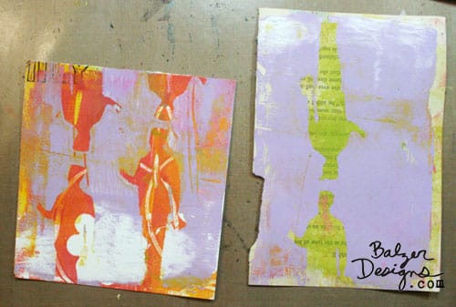 2 book pages that have been painted and feature the silhouettes of a man going in different directions.