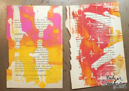 2 book pages that have been gelatin printed to leave the silhouette of a man with his arm raised.