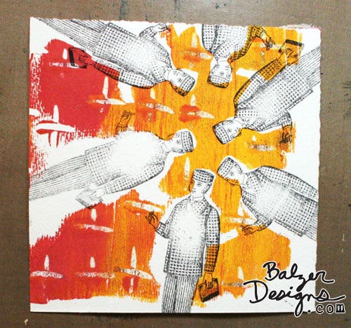 A painted and stamped art journal page that features red and yellow background and stamped men going around in a circle.