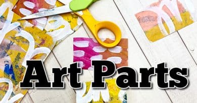 Scissors and hand painted paper with a hand grabbing a piece of paper and the words "Art Parts."